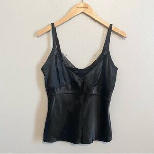 90s Y2k Black Satin Mesh Detail George V Neck Lingerie Style Tank Size Small